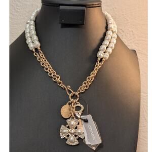 Chico's Double Strand Faux Pearl Gold Tone Charms NWT Necklace